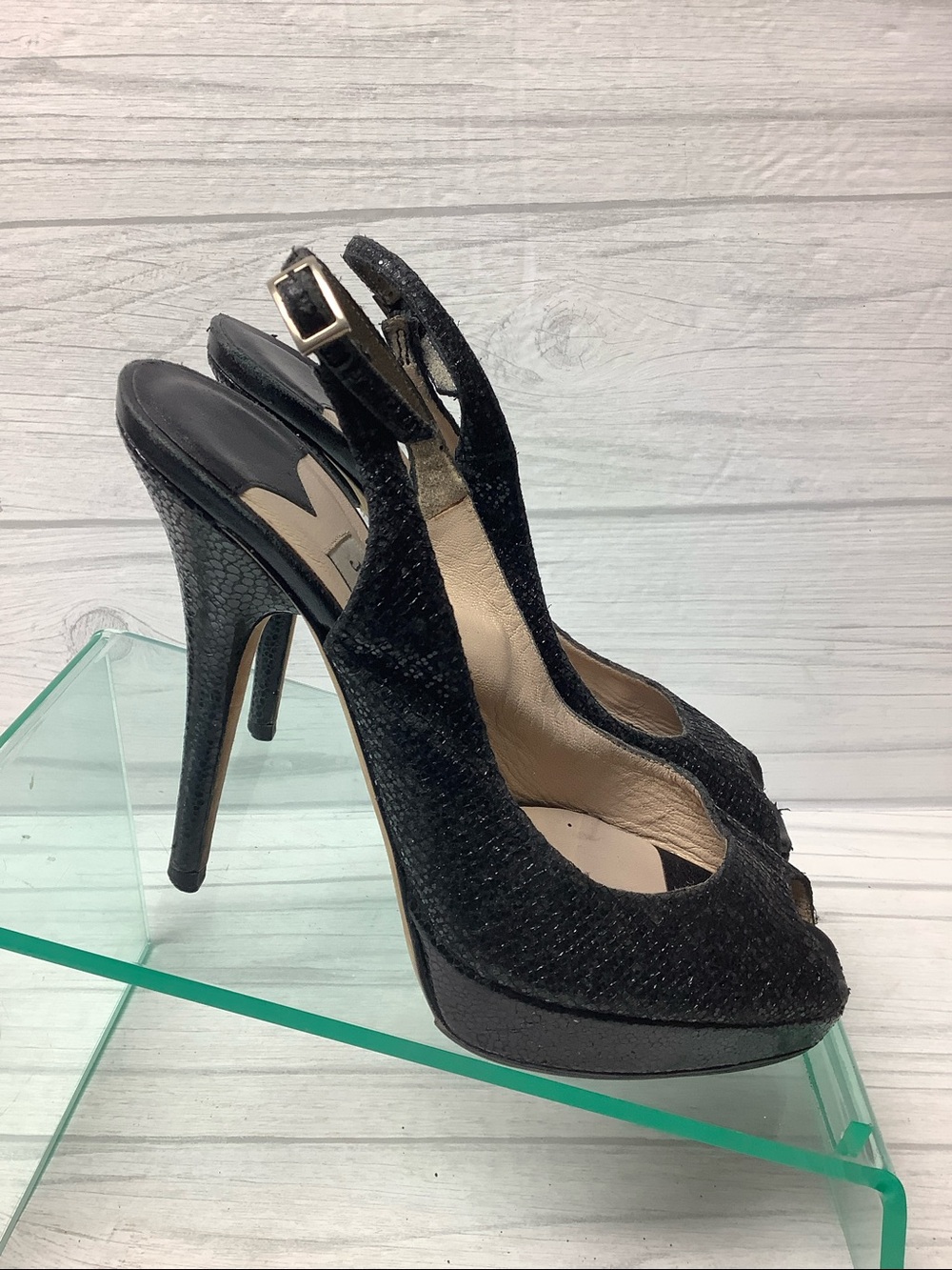 Jimmy Choo Black Glitter Peep-Toe Slingback Heels - Picture 2 of 10